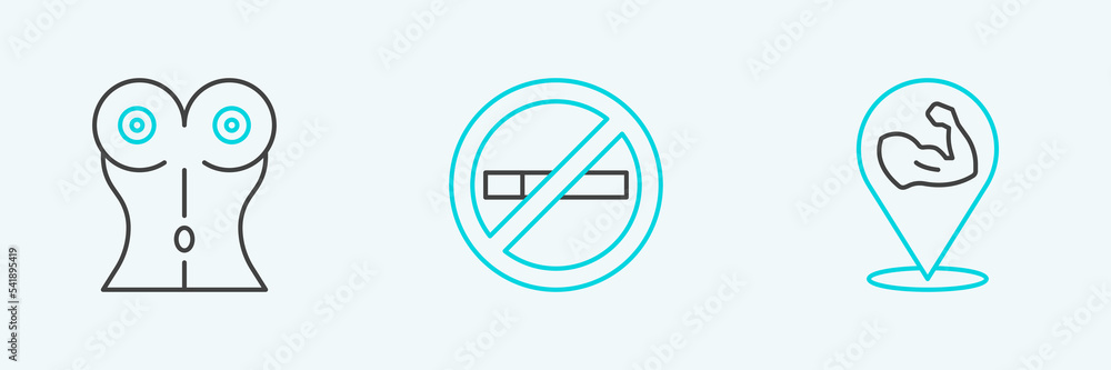 Set line Bodybuilder muscle, Women waist and No Smoking icon. Vector Set line Bodybuilder muscle, Women waist and No Smoking icon. Vector