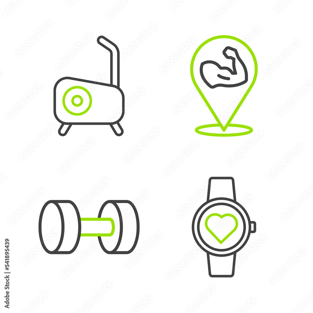Set line Smart watch, Dumbbell, Bodybuilder muscle and Stationary bicycle icon. Vector Set line Smart watch, Dumbbell, Bodybuilder muscle and Stationary bicycle icon. Vector