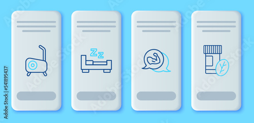 Set line Time to sleep, Bodybuilder muscle, Stationary bicycle and Vitamin pill icon. Vector