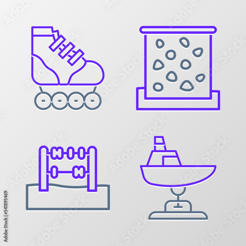 Set line Swing boat, Abacus, Climbing wall and Roller skate icon. Vector