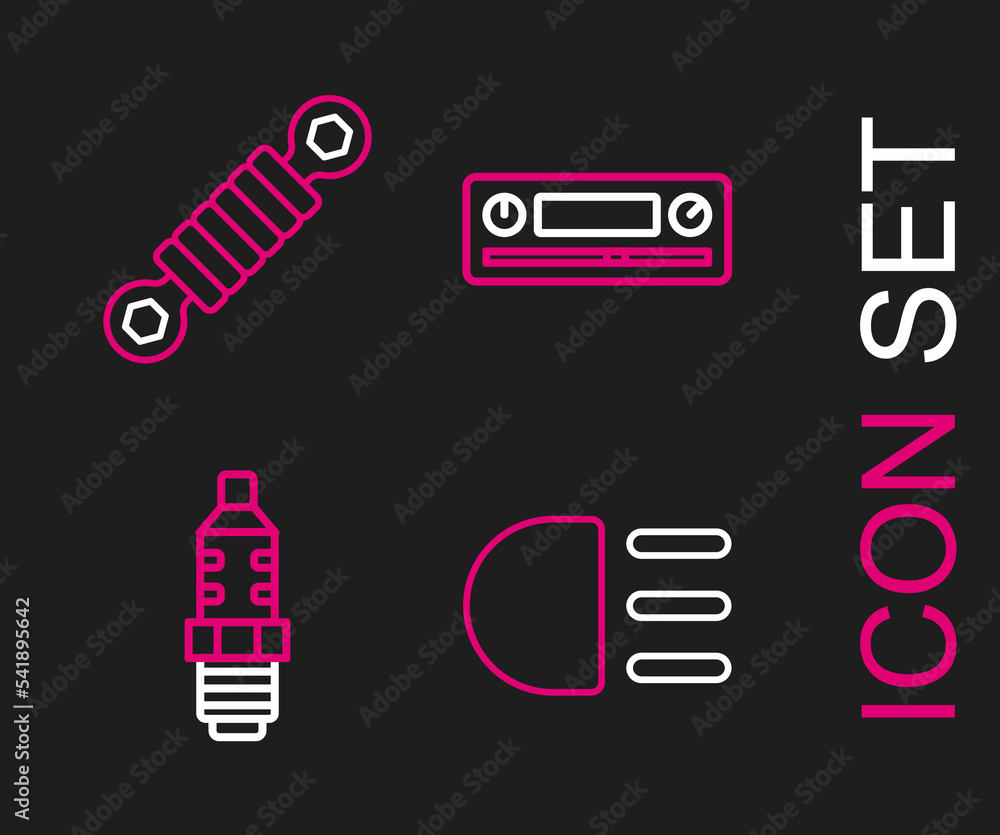 Set line High beam, Car spark plug, Audio and Shock absorber icon. Vector