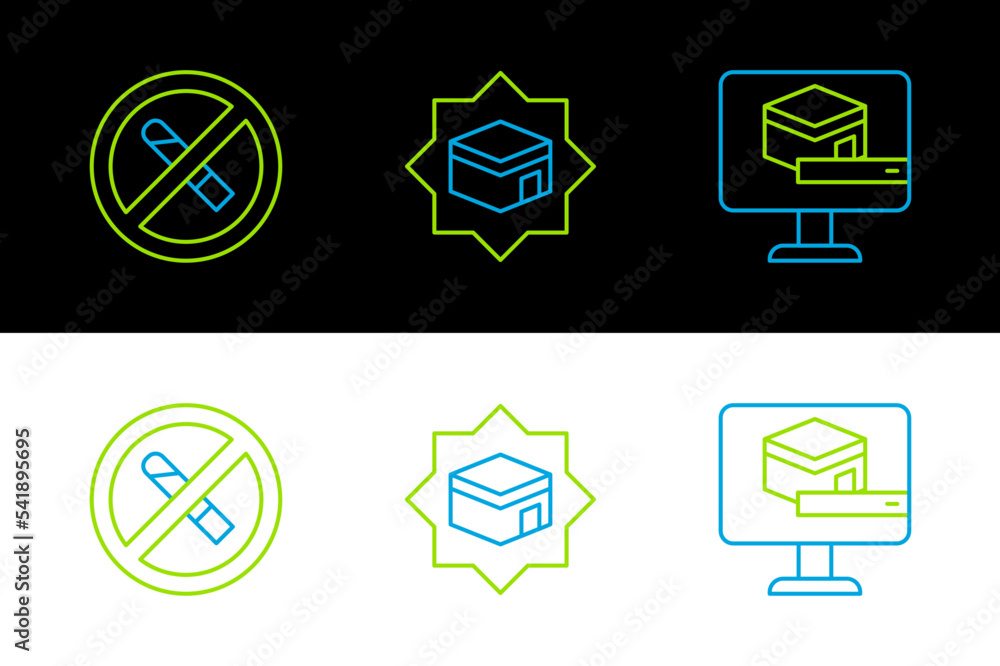 Set line Kaaba mosque, No Smoking and icon. Vector Set line Kaaba mosque, No Smoking and icon. Vector