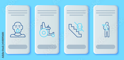 Set line Electric wheelchair, Disabled elevator, Head of deaf and dumb and Human broken arm icon. Vector