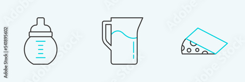 Set line Cheese, Baby milk in a bottle and Milk jug or pitcher icon. Vector