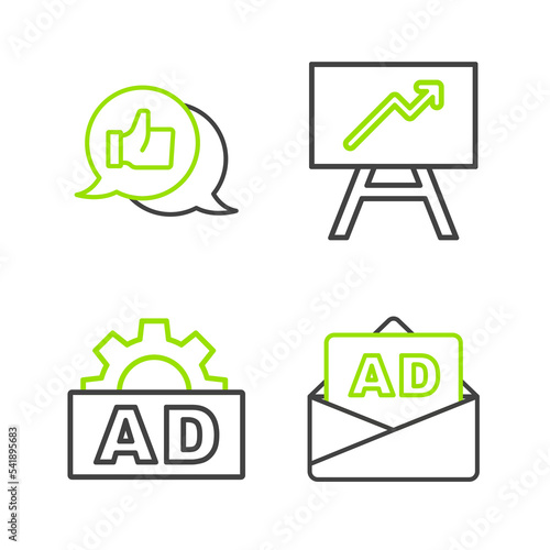 Set line Advertising, Board with graph chart and Customer product rating icon. Vector