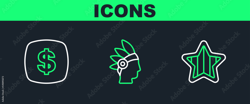 Set line USA Independence day, Dollar symbol and Native American Indian icon. Vector Set line USA Independence day, Dollar symbol and Native American Indian icon. Vector