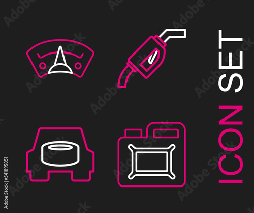 Set line Canister for motor oil, Spare wheel in the car, Gasoline pump nozzle and Motor gas gauge icon. Vector