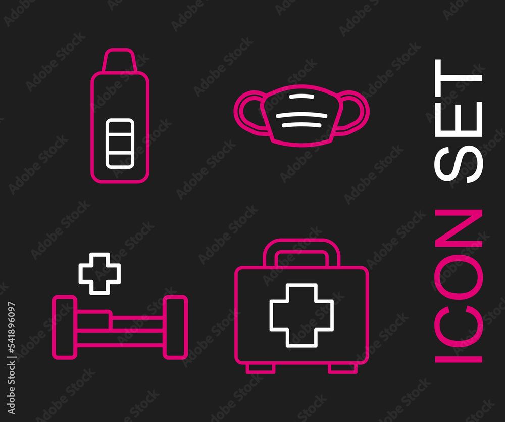 Set line First aid kit, Hospital bed, Medical protective mask and Digital thermometer icon. Vector Set line First aid kit, Hospital bed, Medical protective mask and Digital thermometer icon. Vector