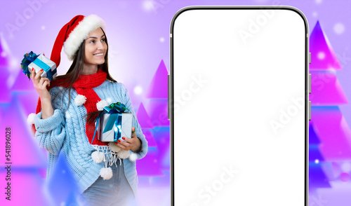 Christmas offer. Woman give...