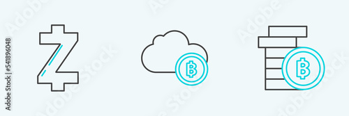 Set line Cryptocurrency coin Bitcoin, Zcash ZEC and cloud mining icon. Vector