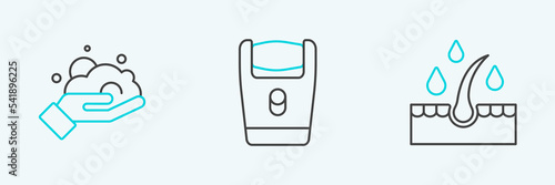 Set line Oil for hair care treatment, Shaving foam on hand and Electric razor blade icon. Vector