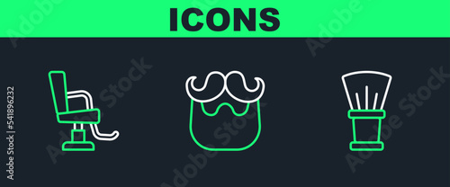 Set line Shaving brush, Barbershop chair and Mustache and beard icon. Vector