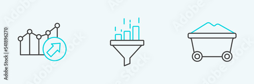 Set line Coal mine trolley, Financial growth and Sales funnel with chart icon. Vector