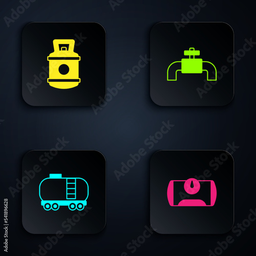 Set Gas tank for vehicle, Propane gas, Oil railway cistern and Metallic pipes and valve. Black square button. Vector