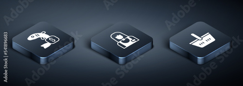 Set Isometric Price tag for fish, Shopping basket and Seller icon. Vector
