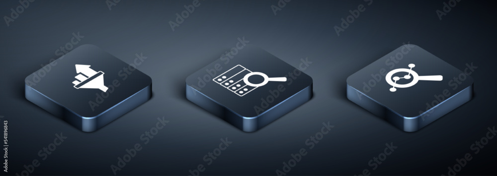 Set Isometric Sales funnel with chart, Search data analysis and Server icon. Vector