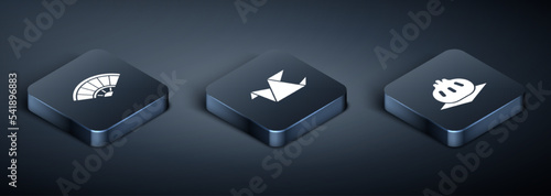 Set Isometric Paper chinese or japanese folding fan, Khinkali on cutting board and Origami bird icon. Vector