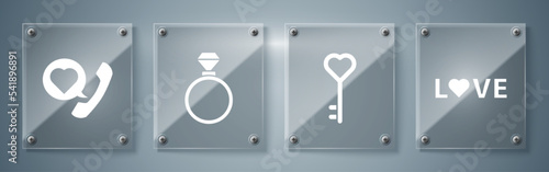 Set Love text  Key in heart shape  Wedding rings and Telephone with heart speech bubble. Square glass panels. Vector