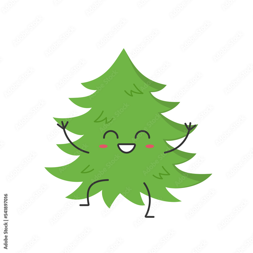 Obraz premium Christmas tree character cartoon greeting cute smiling face cheerful kawaii joy happy emotions icon vector illustration.