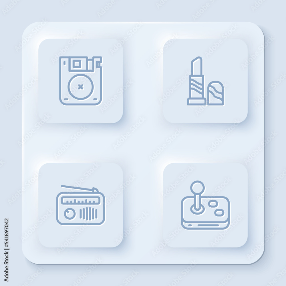 Set line Floppy disk, Lipstick, Radio with antenna and Joystick. White square button. Vector Set line Floppy disk, Lipstick, Radio with antenna and Joystick. White square button. Vector