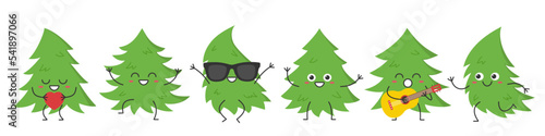 Christmas tree set character cartoon greeting jumping sings love running cute smiling face cheerful kawaii joy happy emotions icon vector illustration.