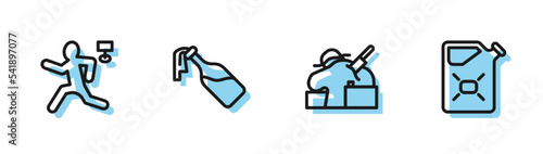 Set line Murder, , Cocktail molotov and Canister fuel icon. Vector