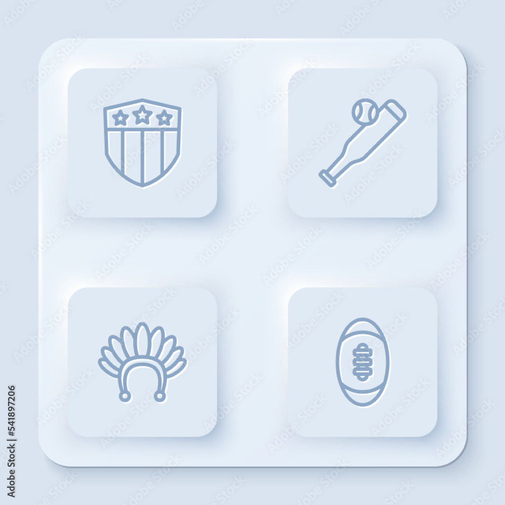 Set line Shield with stars, Baseball bat ball, Indian headdress feathers and American Football. White square button. Vector Set line Shield with stars, Baseball bat ball, Indian headdress feathers and American Football. White square button. Vector