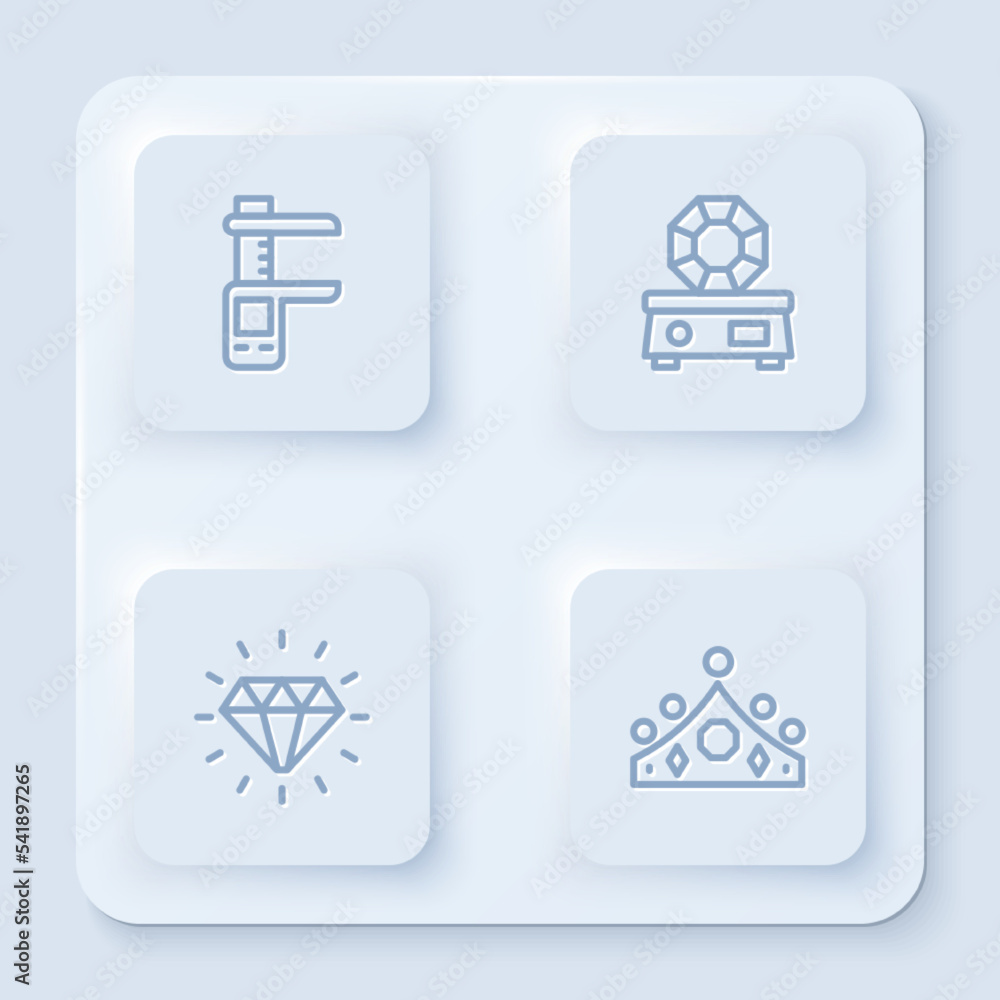 Set line Calliper or caliper and scale, Gem stone, Diamond and King crown. White square button. Vector Set line Calliper or caliper and scale, Gem stone, Diamond and King crown. White square button. Vector