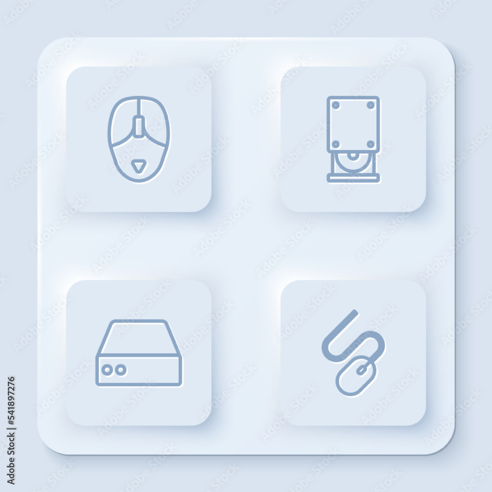 Set line Computer mouse, Optical disc drive, Server, Data, Web Hosting and . White square button. Vector Set line Computer mouse, Optical disc drive, Server, Data, Web Hosting and . White square button. Vector