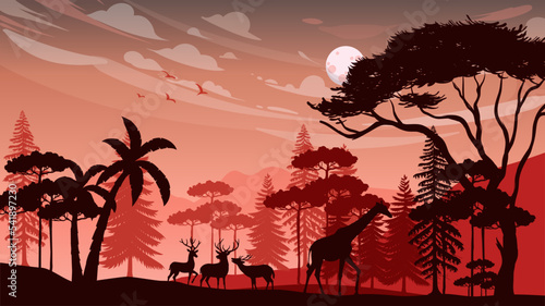 Wildlife forest nature landscape sunset vector illustration