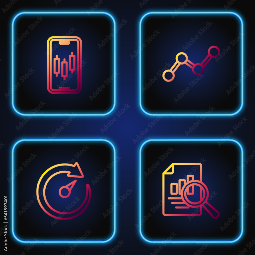 Set line Document with graph chart, Digital speed meter, Mobile stock trading and Graph infographic. Gradient color icons. Vector Set line Document with graph chart, Digital speed meter, Mobile stock trading and Graph infographic. Gradient color icons. Vector