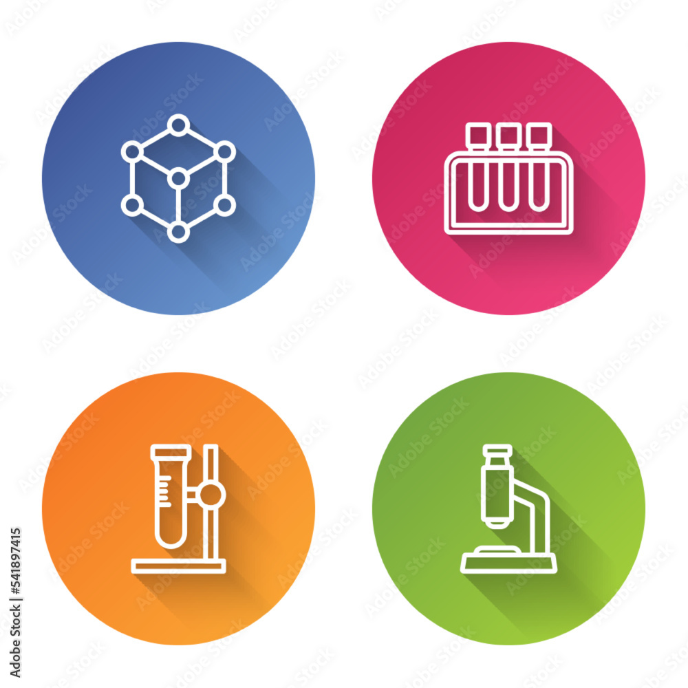 Set line Molecule, Test tube, flask on stand and Microscope. Color circle button. Vector Set line Molecule, Test tube, flask on stand and Microscope. Color circle button. Vector