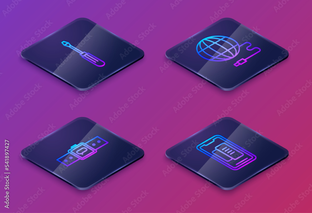 Set Isometric line Screwdriver, Smartwatch, Social network and Smartphone, mobile phone. Blue square button. Vector Set Isometric line Screwdriver, Smartwatch, Social network and Smartphone, mobile phone. Blue square button. Vector