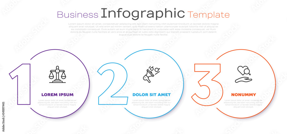 Set line Gender equality, Feminist activist and Heart with female gender. Business infographic template. Vector