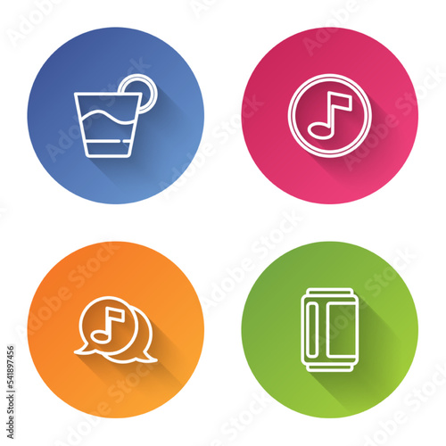 Set line Cocktail, Music note, tone, Musical in speech bubble and Beer can. Color circle button. Vector