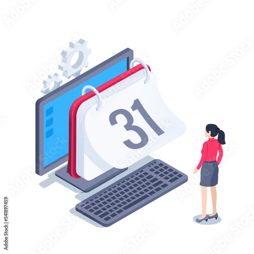 isometric vector illustration isolated on white background, calendar on computer screen and woman, end of month or outgoing time