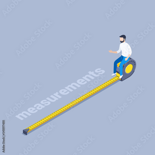 isometric vector illustration on a gray background, a man sits on a measuring tape measure, measurements