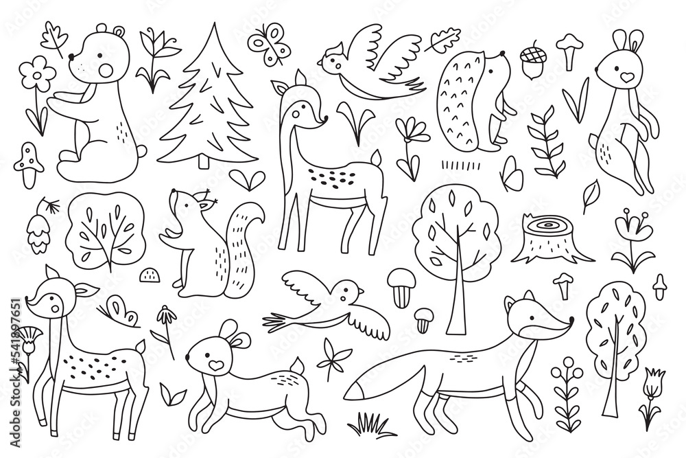 Sketch set of cute forest animals with elements of nature. Ideal for scrapbooking, postcards, posters, tags, stickers. Hand drawn vector illustration.