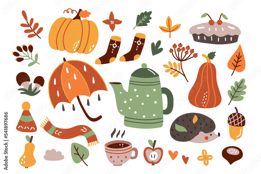 Vector set of autumn icons: sweater, falling leaves, cozy food on a white background. Scrapbook collection with autumn season elements. Autumn postcard Vector set of autumn icons: sweater, falling leaves, cozy food on a white background. Scrapbook collection with autumn season elements. Autumn postcard