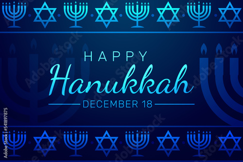 Happy Hanukkah Wallpaper with blue candles and symbols in the border traditional style. Religious event concept backdrop photo