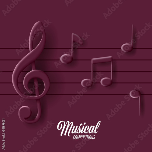 3d music sound notes with treble clef on notes staff monochrome composition