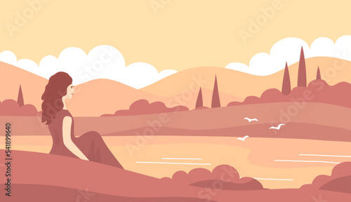 Young woman relaxing in nature. Summer italian landscape of nature. Panorama with forest, cypress, fields, sky and lake. Rural scener. Flat vector illustration