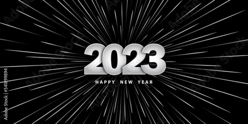 Happy new year 2023. Festive black background with silver numbers and motion rays of light. Holiday banner. Speed light ray. Background in realistic style. Vector illustration 3D. Design wallpaper.