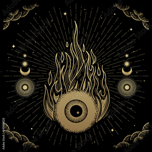 The burning mystic or magic eye with moon and star decoration