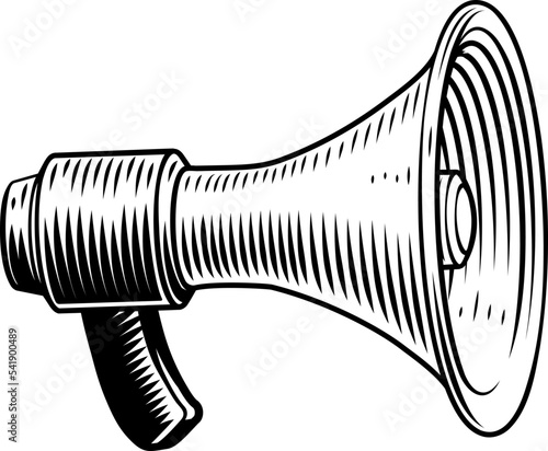 A megaphone or mega phone bullhorn bull horn in a woodcut vintage engraved style
