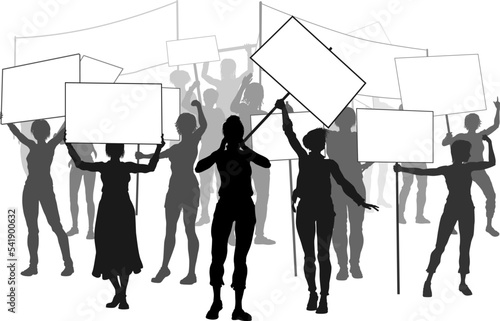 A crowd or group of women demonstrators at a protest, rally or strike in silhouette