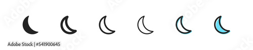 Moon icon. Vector crescent symbol. Simple night month outline signs. Astronomy web sign. Website moonlight button set. Nighttime, month icon. Cosmos, moon silhouette, lunar, astrology flat icons.