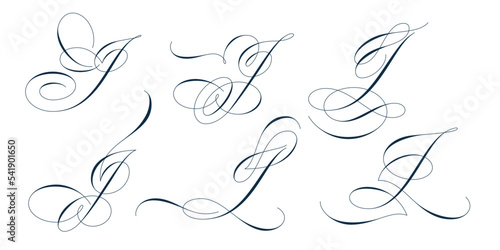 Set of beautiful calligraphic flourishes on capital letter J isolated on white background for decorating text and calligraphy on postcards or greetings cards. Vector illustration.