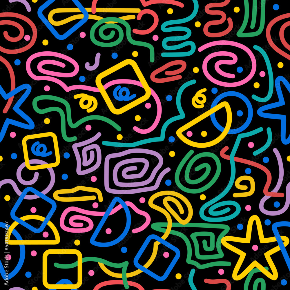 Colorful seamless pattern. Circles, serpentine, dots, squares, half circle, stars, stripes, wavy lines. Fun colorful line doodle shape background. Black background. Abstraction.