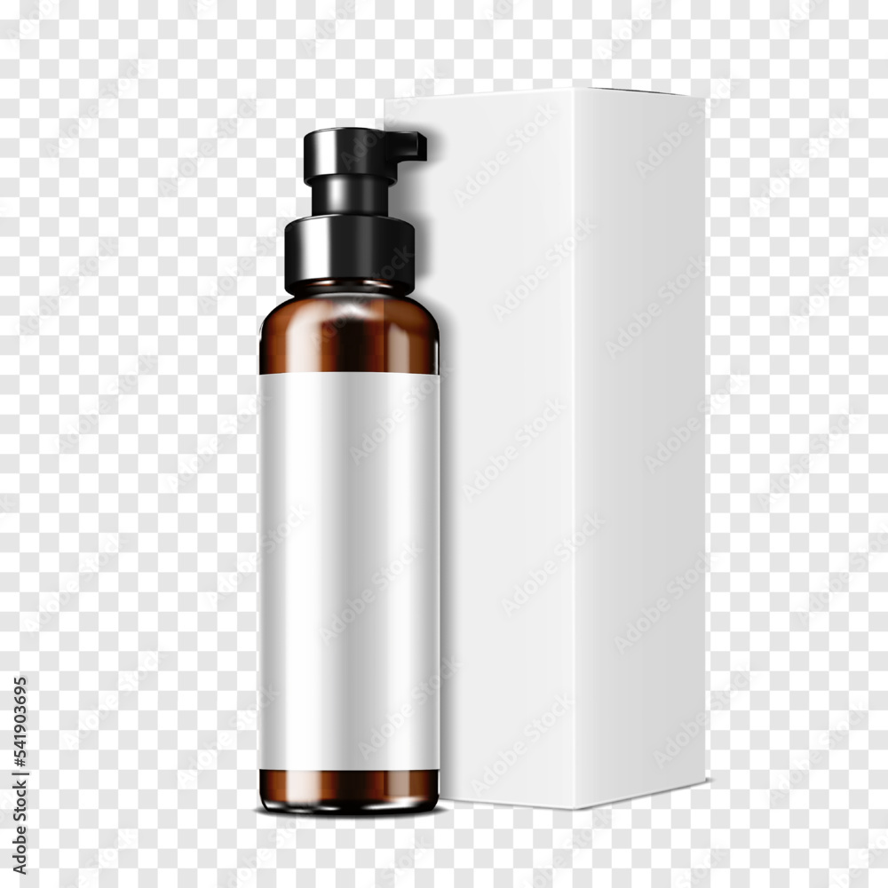 Dark brown clear glass or plastic pump dispenser cosmetic bottle with white blank label and carton packaging realistic mockup. Cosmetic product with paper box vector mockup. Template for design Dark brown clear glass or plastic pump dispenser cosmetic bottle with white blank label and carton packaging realistic mockup. Cosmetic product with paper box vector mockup. Template for design
